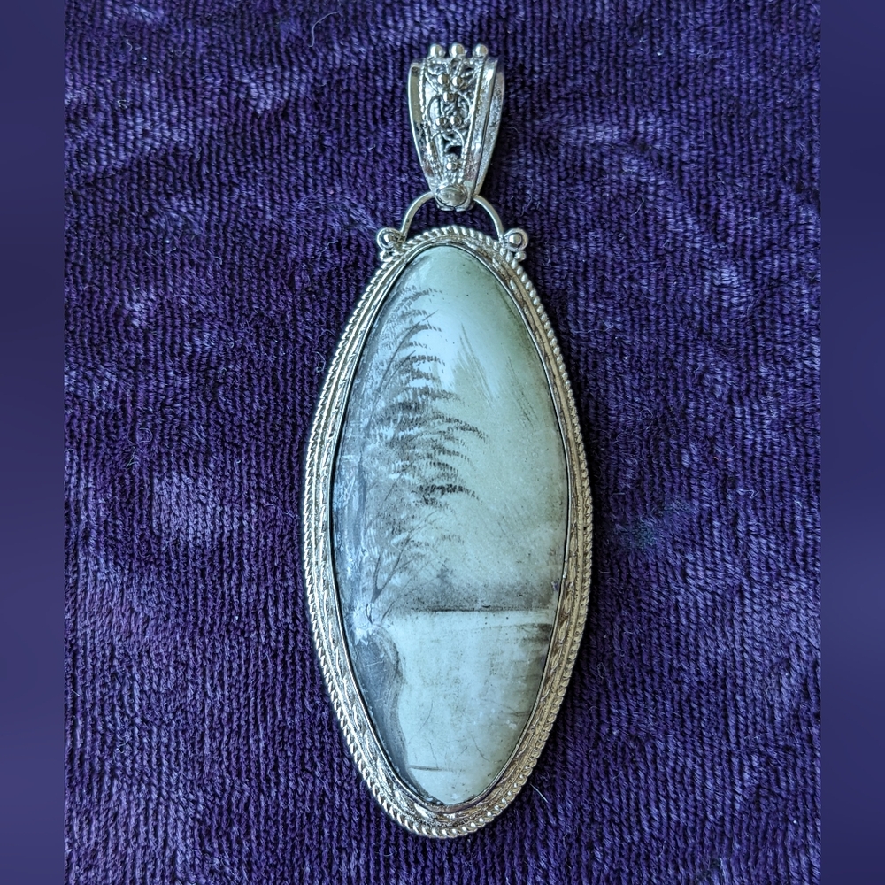 Silver Filigree Pendant With Mystic Picture Painted On A Natural Stone
